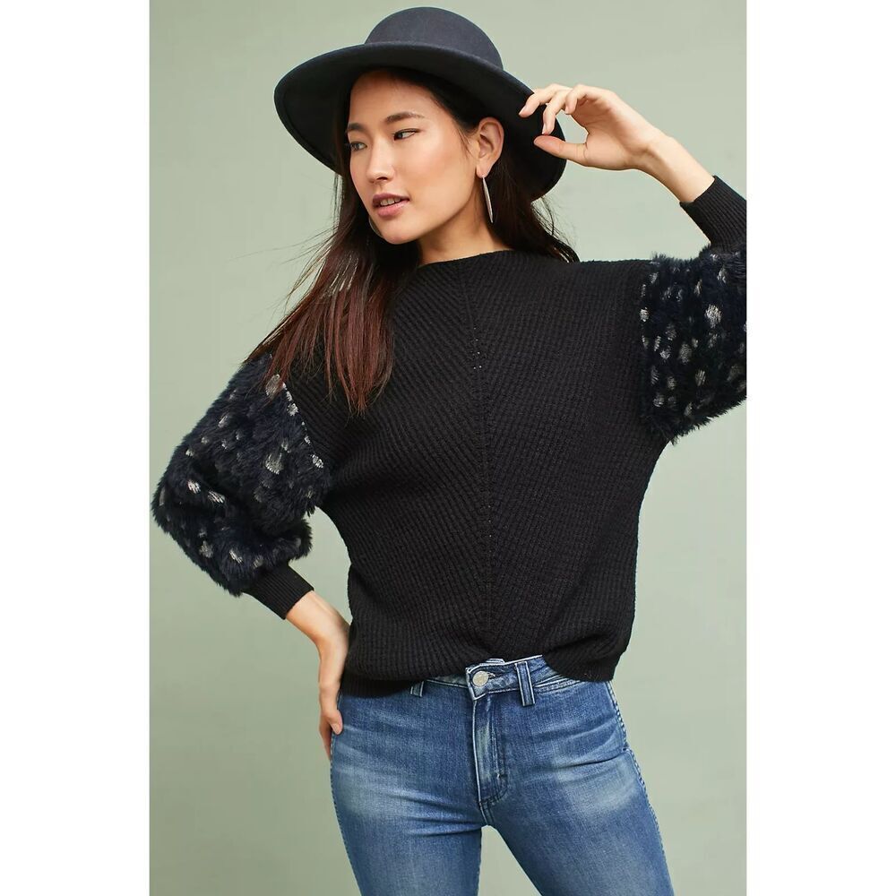 ANTHROPOLOGIE Knitted & Knotted Wool Fuzzy Balloon Sleeve Ribbed Sweater Size XS